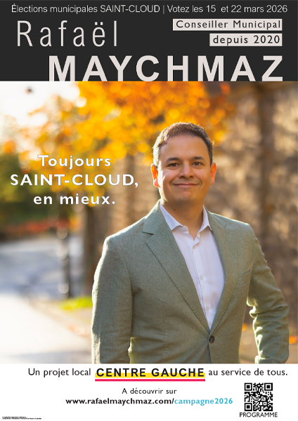 Affiche de candidature<br>(photo prise avenue Clodoald, en clin d'oeil à l'histoire de la commune)