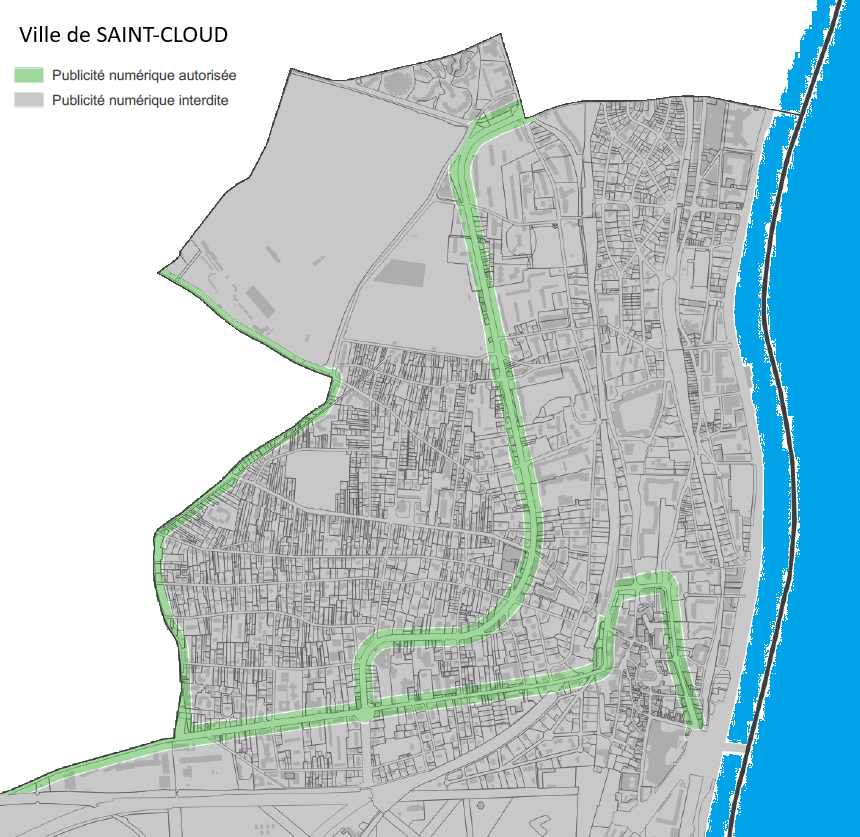 Saint-Cloud - Ce que dit le RPLI 2021 pour la publicité numérique<br>(en vert les zones où elle est autorisée)