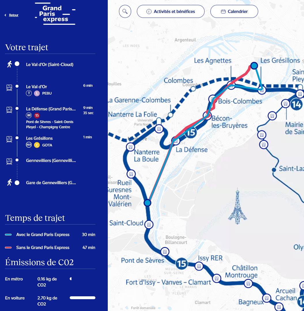 Temps de trajet Val d'or (Saint-Cloud) jusqu'à Gennevilliers RER<br>(30 min VS 47 minutes avant)