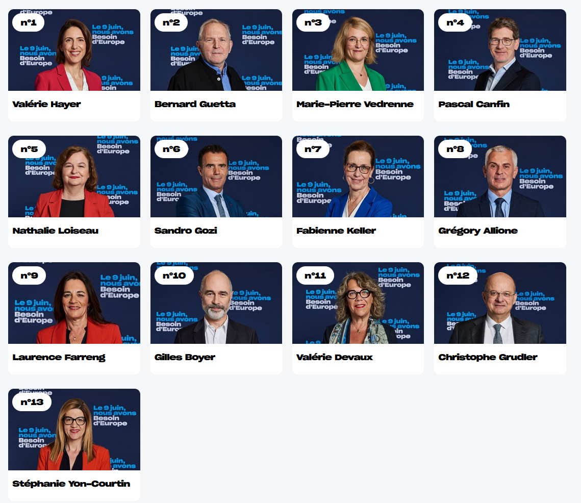 Les 13 élus de la liste Besoin d'Europe<br>le 9 juin 2024