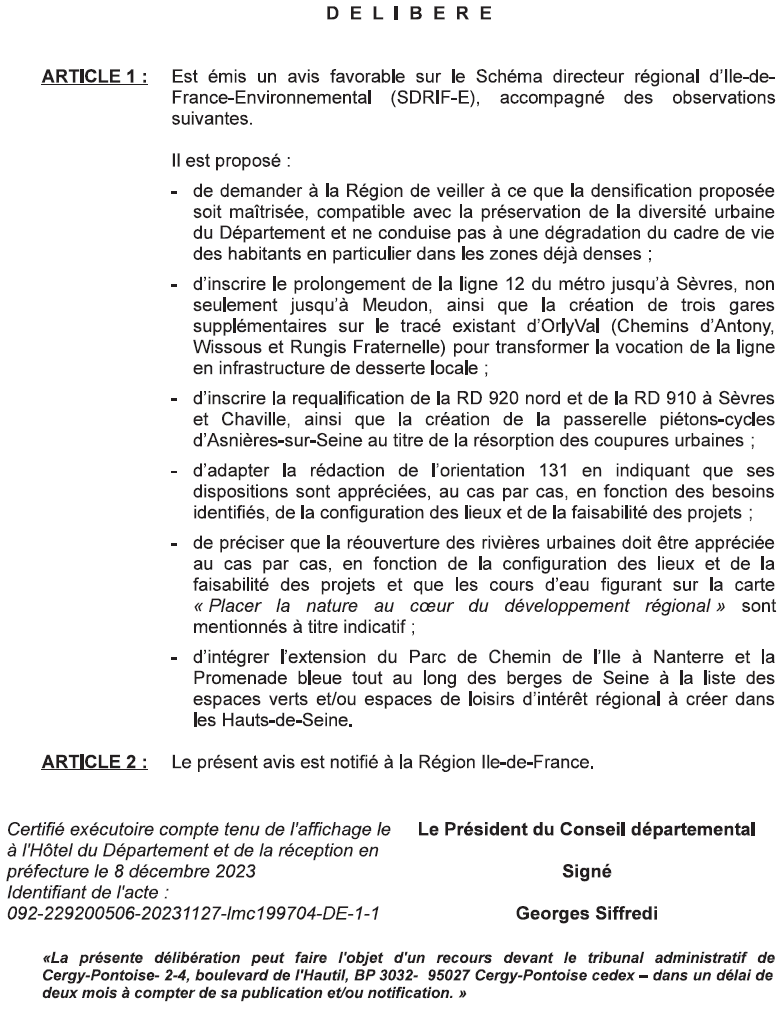 Avis du département des Haut-de-Seine sur le SDRIF 2024 Avis du département des Haut-de-Seine sur le SDRIF 2024