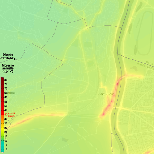 Carte AirParif montrant la pollution autour des grands axes à Saint-Cloud<br>(RD7, A13, Dailly, Pasteur/Gounod, République, Louis Loucheur)