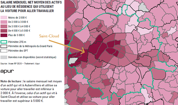 Salaire net mensuel moyen d'un actif se rendant au travail en voiture (source: APUR, p39)