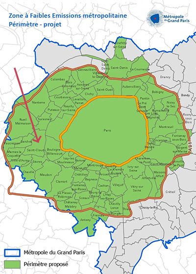Carte de la ZFE-m (zone en vert)<br>montrant Saint-Cloud