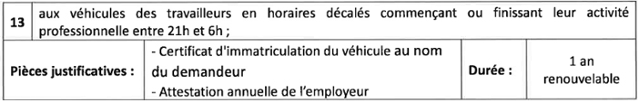 Dérogation pour travail en horaires décalés