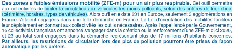 Extrait des mesures clés de la loi LOM (2019) sur les ZFE-m