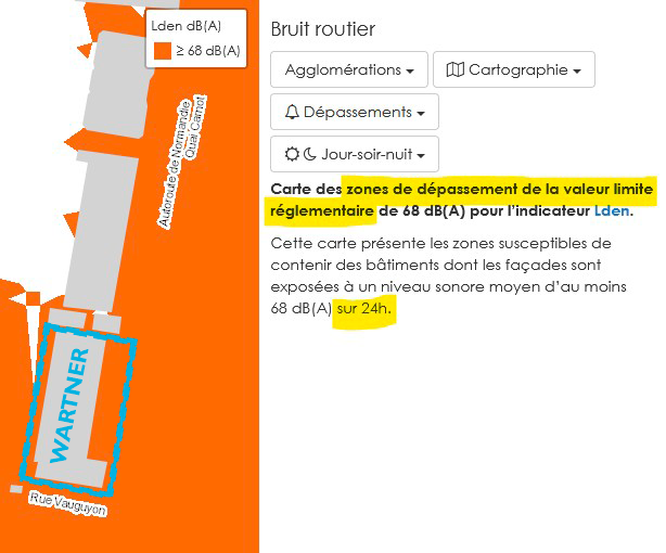 Zone où la limite règlementaire sur une MOYENNE DE 24H est dépassée<br>au 18 quai du Président Carnot (WARTNER)