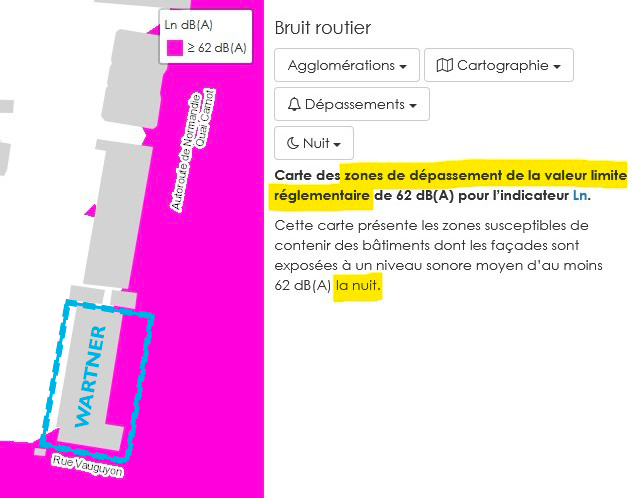 Zone où la limite règlementaire LA NUIT est dépassée<br>au 18 quai du Président Carnot (WARTNER)