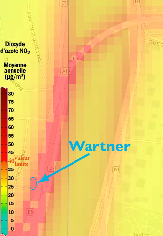 Pollution au dioxyde d'azote (N02)<br>au 18 quai du Président Carnot (WARTNER)