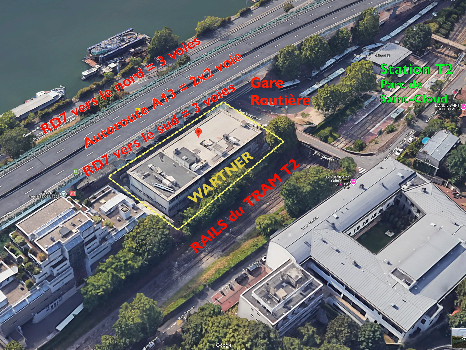 Schéma des nuisances autour du<br>18 quai du Président Carnot (WARTNER)