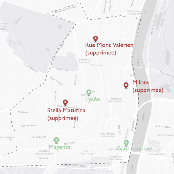 Carte des colonnes Morris à Saint-Cloud<br>(en rouge: celles supprimées dans la mandature)