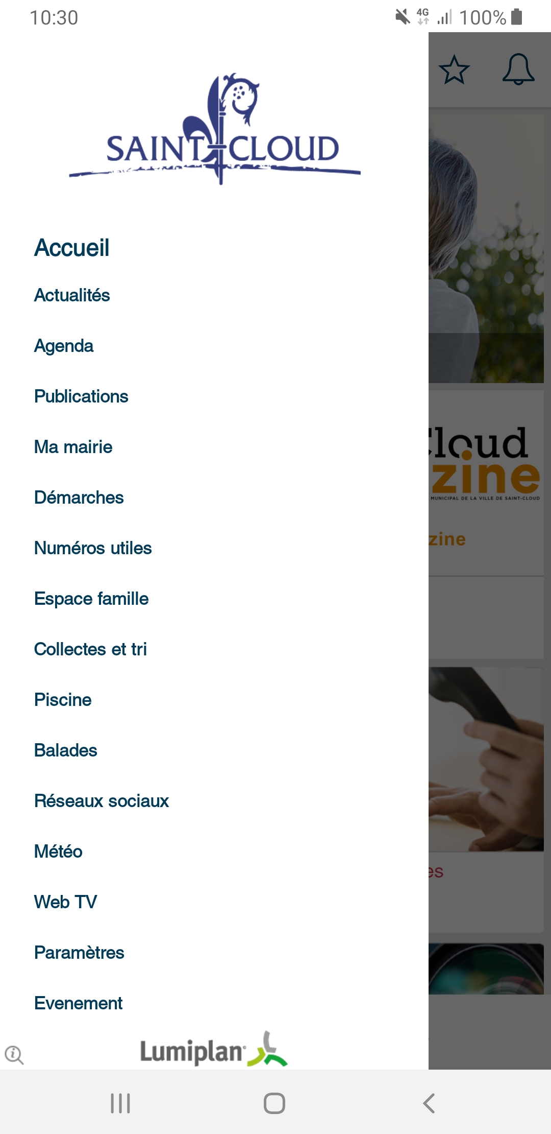 Application Ville de Saint-Cloud :<br>menu