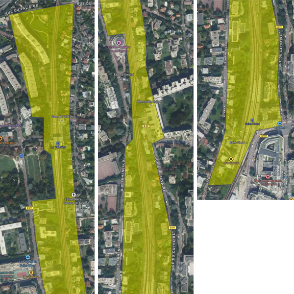 Secteurs concernés par le bruit du transilien<br>Val d'or / Belmontet / Mont-Valérien / Calvaire / Armengaud