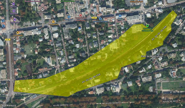 Secteurs concernés par le bruit du transilien<br>Entre Gounod et parc de Montretout