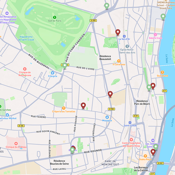 Emplacement des nouveaux panneaux (en vert)<br>et des anciennes colonnes Morris (en rouge)