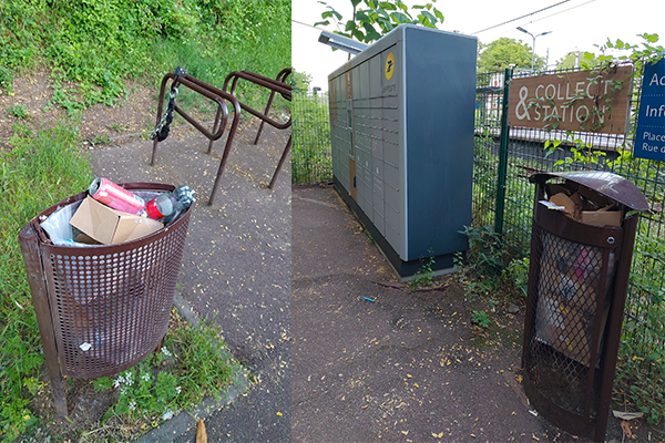 Corbeilles standard saturées en déchêts recyclables<br>(gare du Val d'or)