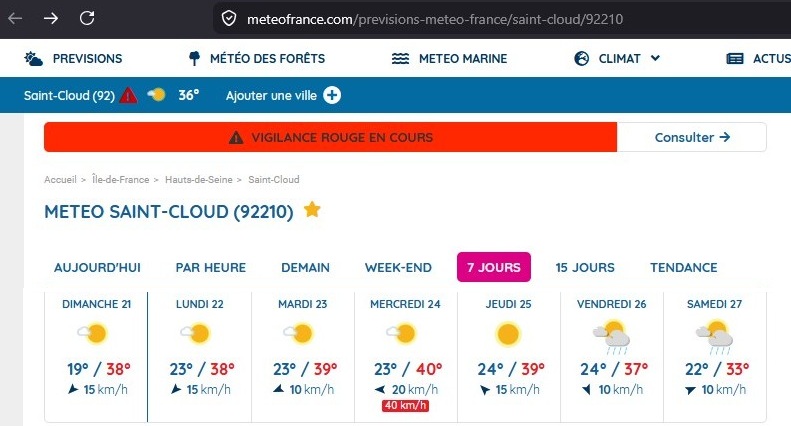 Températures annoncées à Saint-Cloud pendant l'épisode caniculaire de juin 2026<br>(Source : Météo-France)