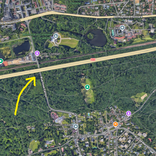 Localisation du pont des 4 Cèdres<br>permettant à l'A13 de passer au dessus de la rue Yves Cariou