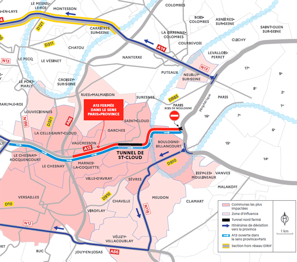 Zone d'impact de la fermeture de l'A13 dans le sens Paris&nbsp;&rarr;&nbsp;Province<br>(source: kit de communication <a href='https://www.dir.ile-de-france.developpement-durable.gouv.fr/kit-de-communication-a1951.html'>DiRIF</a>)